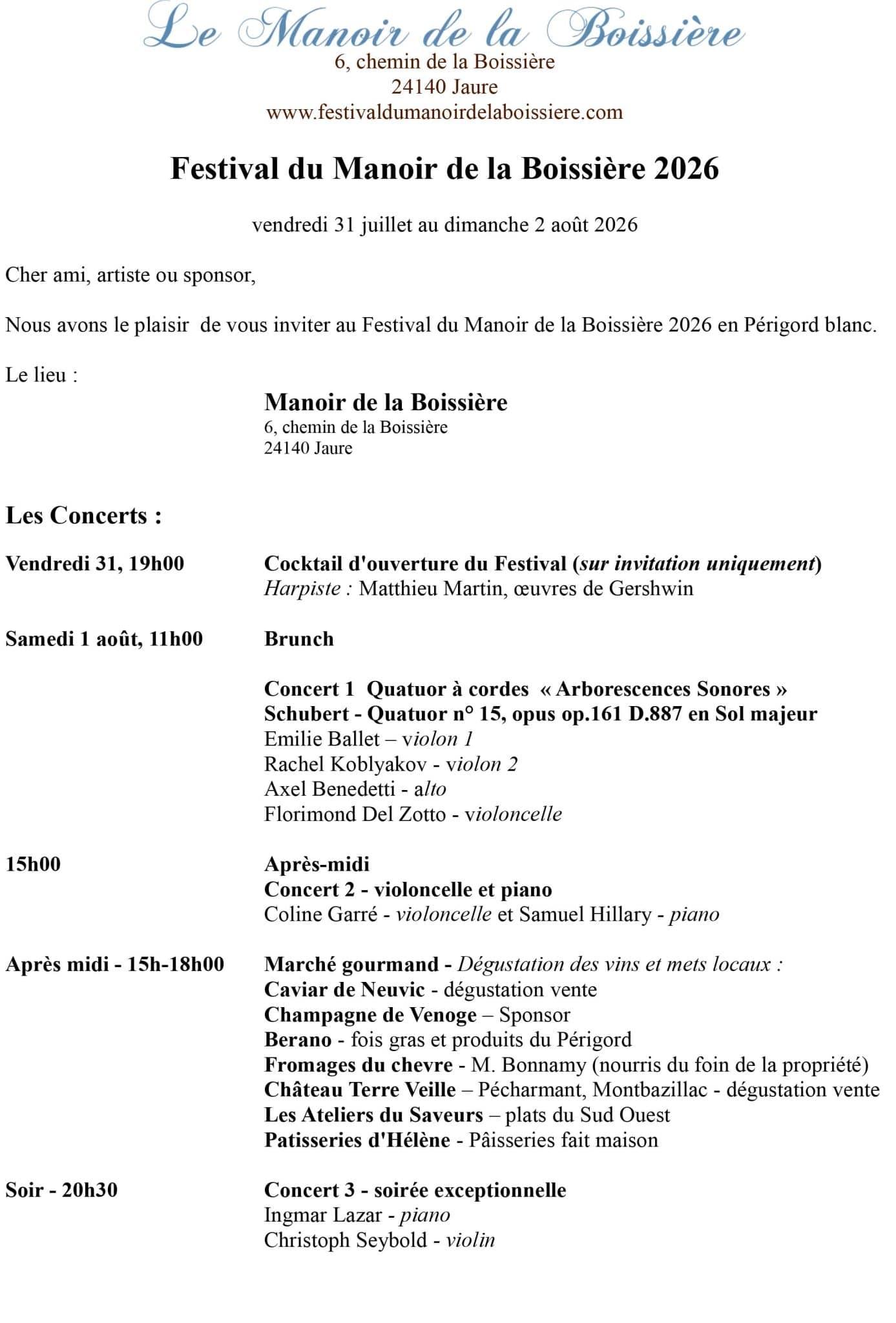 Programme Manoir de la Boissiere Festival 2026 2